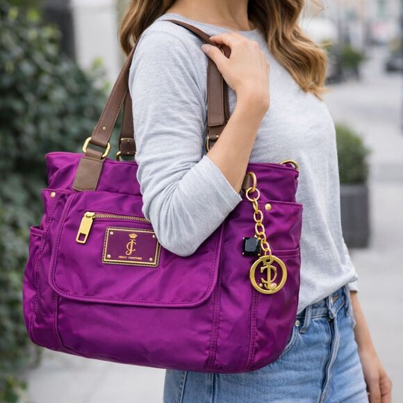 Juicy Couture Handbags - Juicy Couture Vintage Purple Nylon Tote Bag Gold Accents Multiple Compartments!